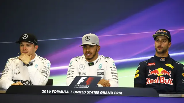 press conference featuring Hamilton, Rosberg and Ricciardo