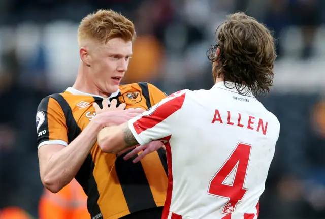 Joe Allen clases with Hull City's Sam Clucas