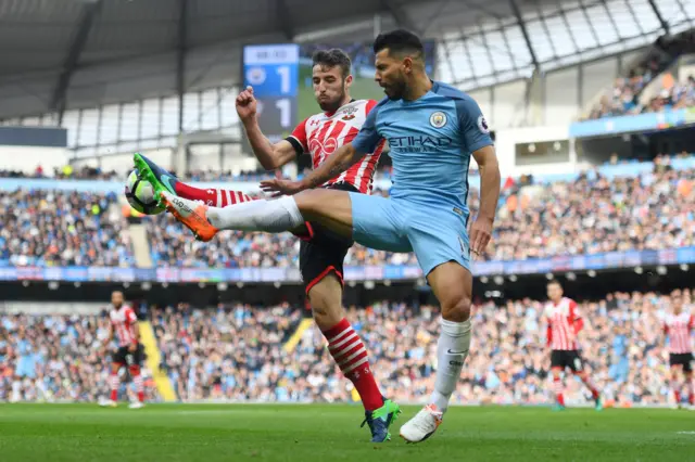 Sergio Aguero plays the ball