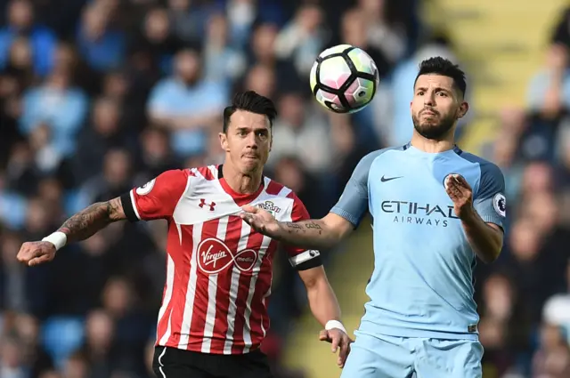 Sergio Aguero vies with Southampton's Jose Fonte