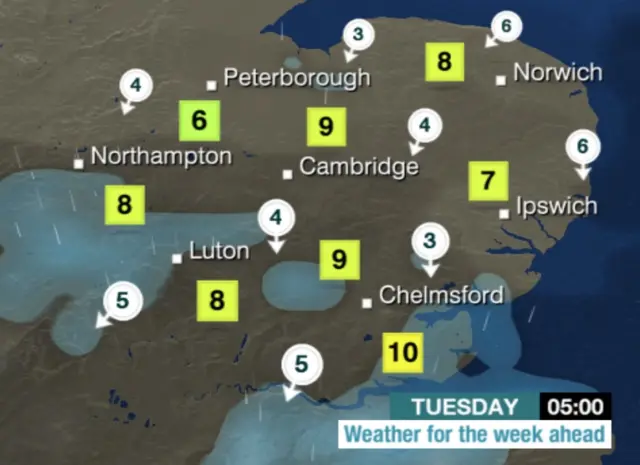 Weather graphic for BBC East region