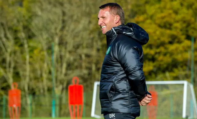 Brendan Rodgers is all smiles at Celtic training on Monday