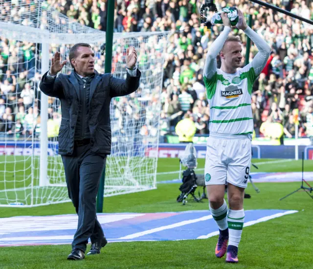 Celtic's Brendan Rodgers and Leigh Griffiths celebrate at Hampden