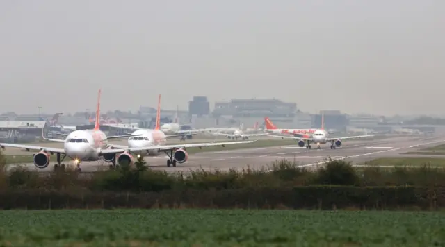 Planes taxing at Gatwick Airport