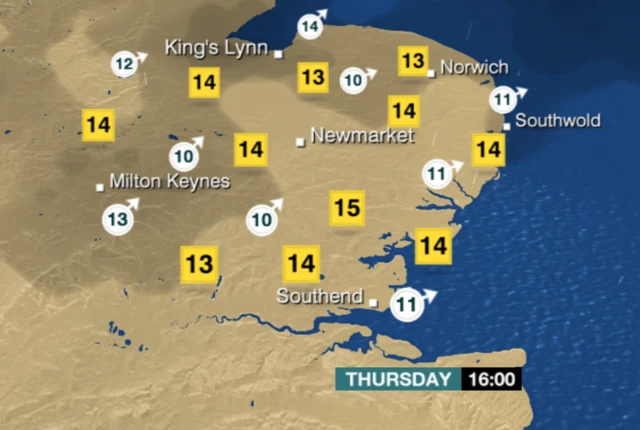 Weather map for the East of England