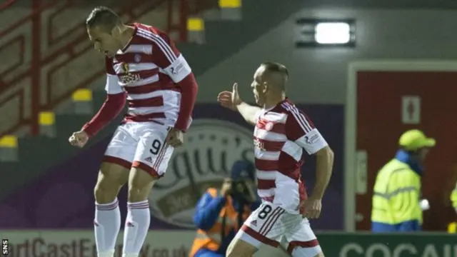 Hamilton's Alex D'Acol (left) celebrates scoring against Aberdeen