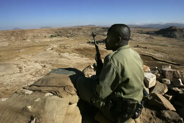 This picture taken 19 November 2005 shows an Ethiopian soldier on duty on one of the observation posts