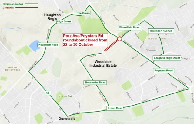 Map of Dunstable road closures