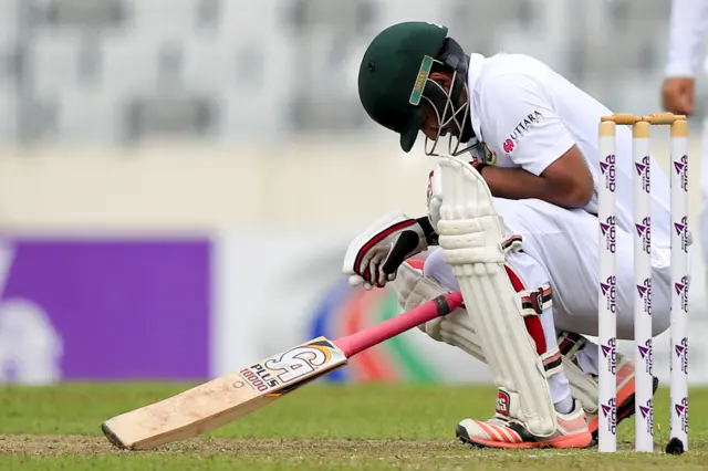 Tamim Iqbal after being hit by the ball