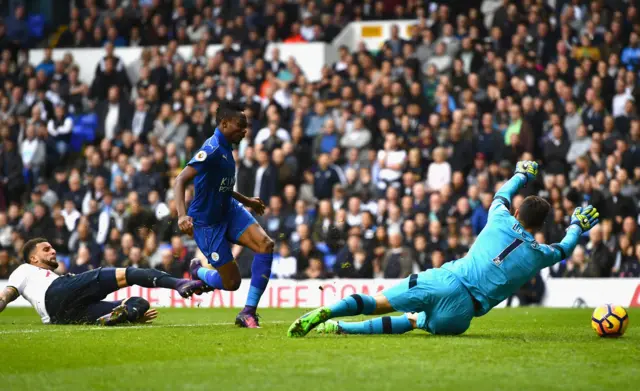 Ahmed Musa of Leicester City scores