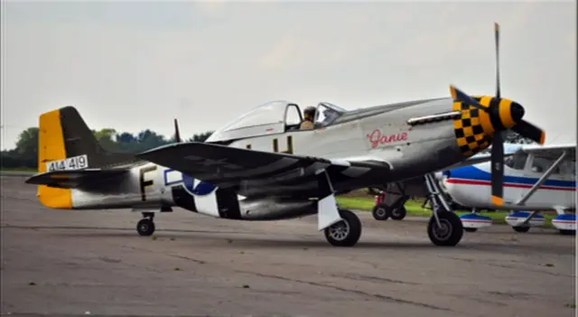 The Mustang on the runway at Seething airfield