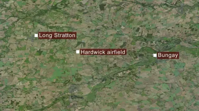 Map showing Long Stratton, Harwick airfield and Bungay on the Norfolk/Suffolk border