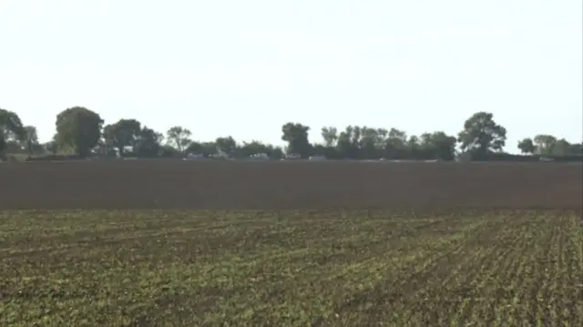 A wide shot, showing vehicles at the far end of a field, with trees behind