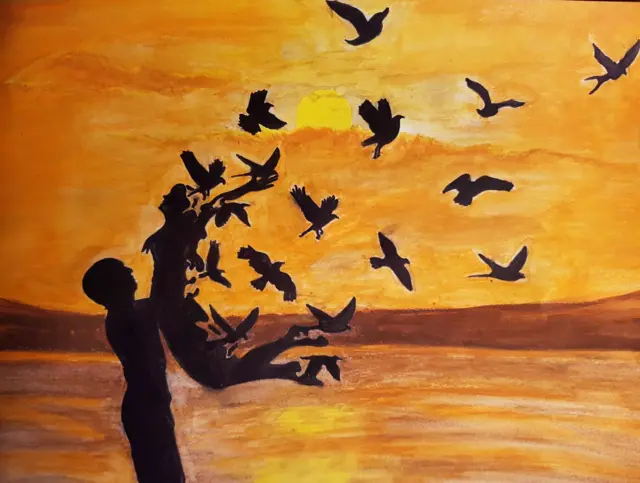 Birds flying on orange background