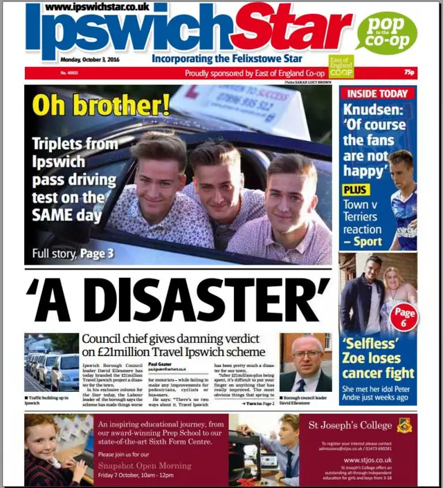 Front page of the Ipswich Star