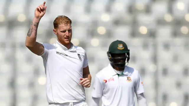 Ben Stokes celebrates taking the wicket of Taijul Islam