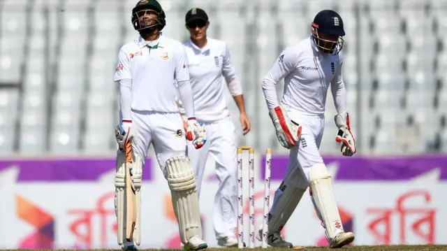 Shakib Al Hasan reacts to losing his wicket