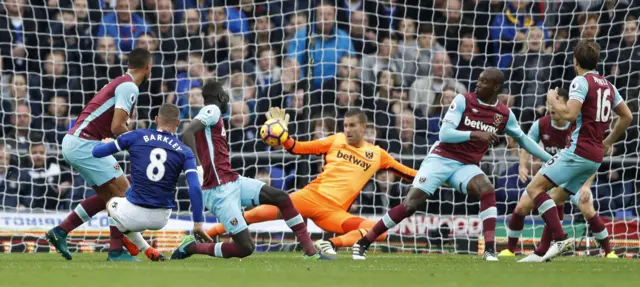 Ross Barkley shot, saved by Adrian