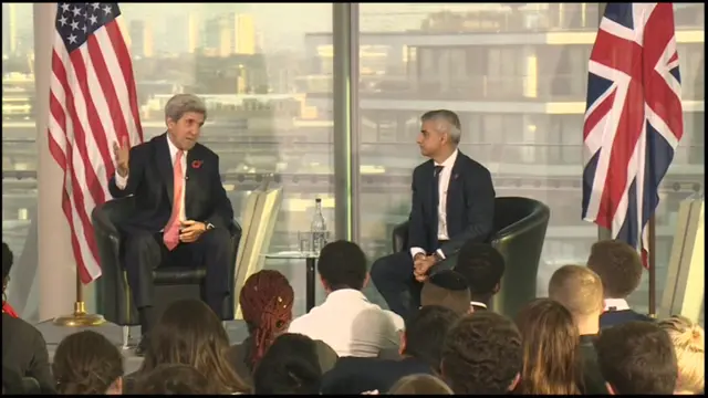 US Secretary of State John Kerry with London Mayor Sadiq Khan at City Hall