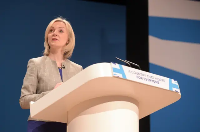 Justice Secretary Liz Truss addressing the Conservative party conference