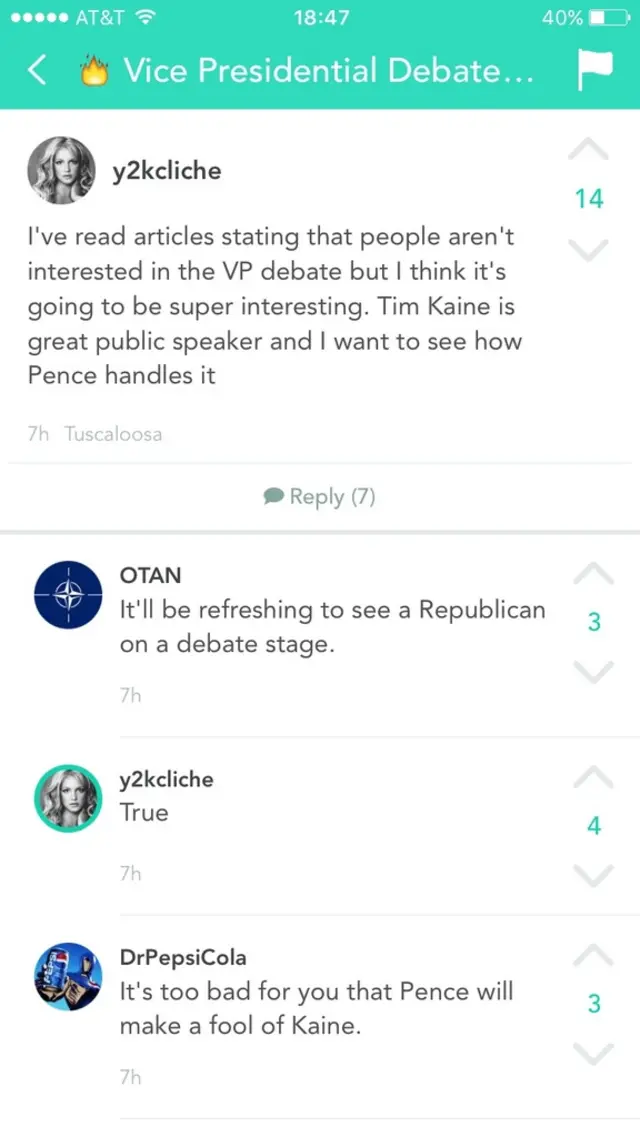 Post on YikYak showing people discussing vice-presidential debate - 4 October 2016