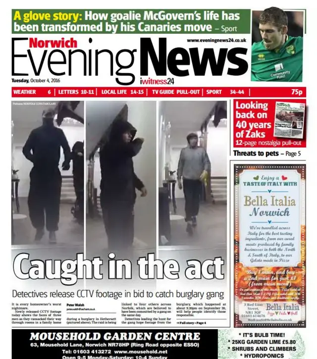 Front page of Norwich Evening News
