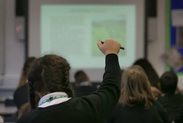 Rear view of a girl, in a classroom with other pupils - she's holding up her hand