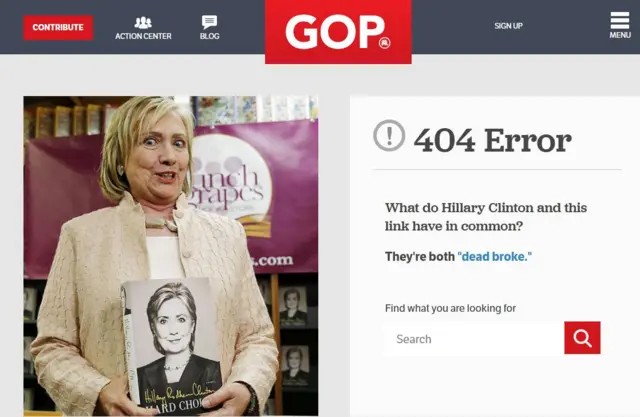 404 page on GOP.com saying 'what do Hillary Clinton and this link have in common: they're both dead broke'