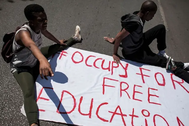 Students from the Tshwane University Of Technology (TUT) campuses protest outside the Department for Higher Education and Training, calling for Blade Nzimande, the Minister of Higher Education to step down on September 26, 2016 in Pretoria.