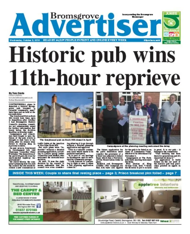 Bromsgrove Advertiser front page