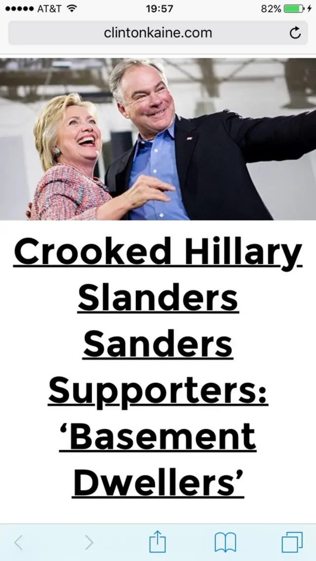 Screenshot of clintonkaine.com website showing headline 'Crooked Hillary Slanders Sanders Supporters' - 4 October 2016