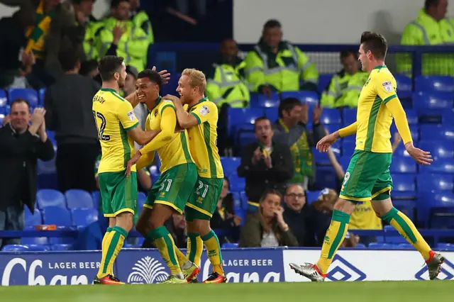 Josh Murphy celebrating his goal against Everton in the EFL Cup