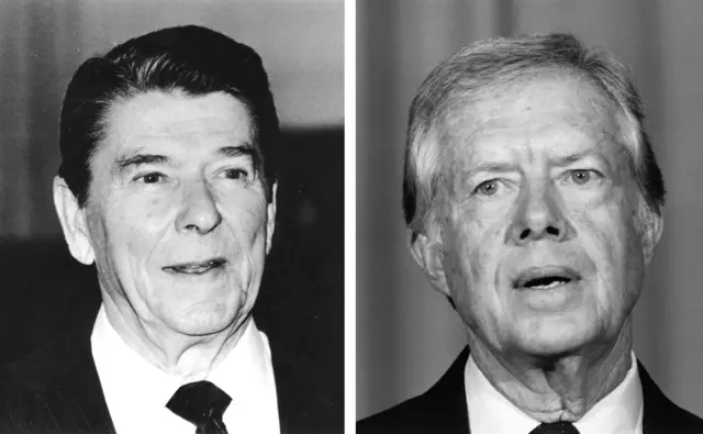 In this composite image a comparison has been made between former US Presidential Candidates Ronald Reagan (L) and Jimmy Carter