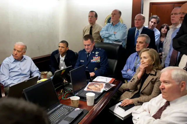 Clinton in the White House Situation Room during the raid that killed Bin Laden