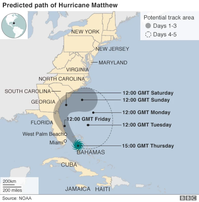 Map showing projected path of Hurricane Matthew