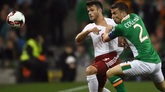 Valeri Qazaishvili of Georgia and Seamus Coleman of Republic of Ireland