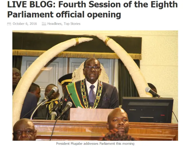 Robert Mugabe addresses parliament with huge elephant tusks in the background