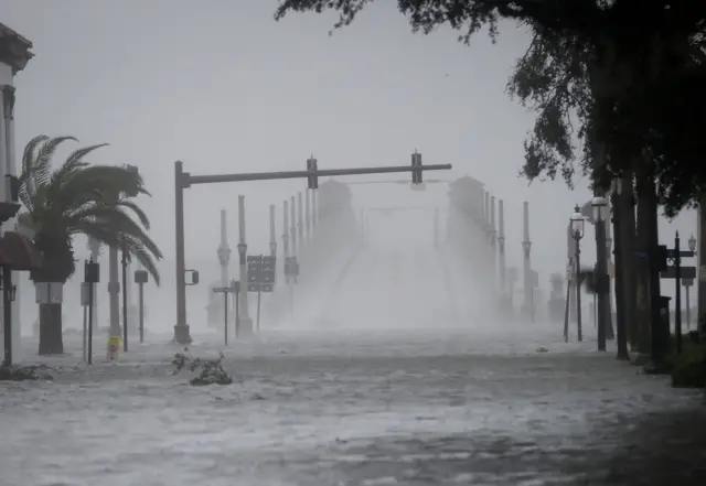 Wind and water from Hurricane Matthew batter downtown in St. Augustine, Florida.