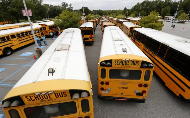 Buses at North Charleston Coliseum waiting to evacuate people to Greenville, 5 Oct 2016