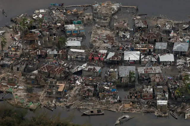 Destroyed houses in a village after Hurricane Matthew passes Corail, Haiti, 6 October 2016