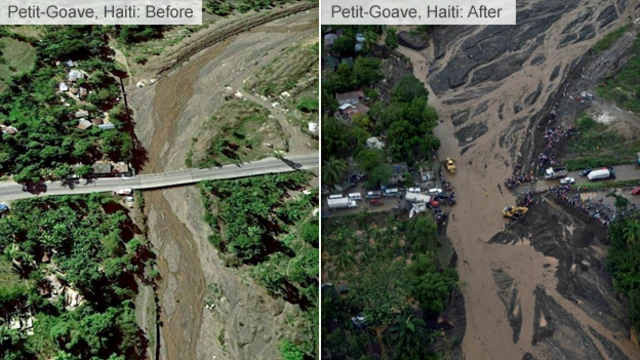 Petit Goave before and after the storm, one image shows a bridge over a river, the second shows the bridge collapsed