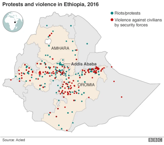 Map showing where the protests have happened