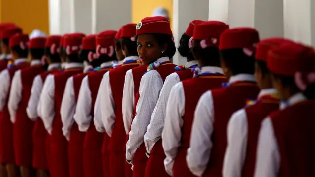 Stewardesses stand in line during the inauguration of the new train line linking Addis Ababa to the Red Sea state of Djibouti, in Addis Ababa, Ethiopia - Wednesday 5 October 2016