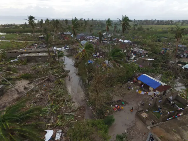 An ariel view shows damaged houses are after the passing of Hurricane Matthew, in Sous Roche in Les Cayes, Southwest Haiti, on October 6, 2016.