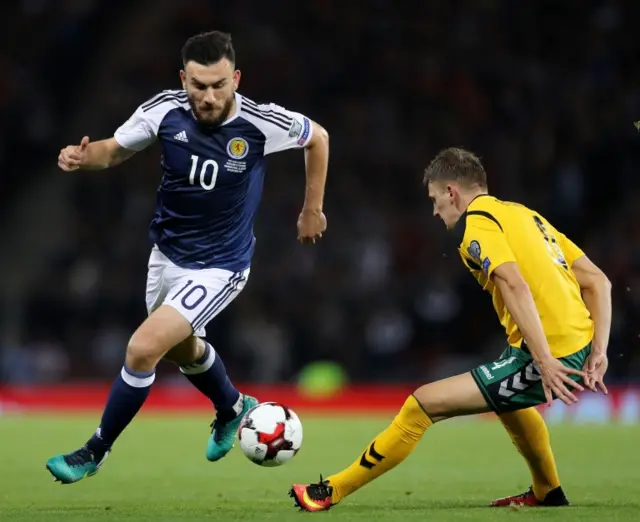 Robert Snodgrass takes on the Lithuania defence