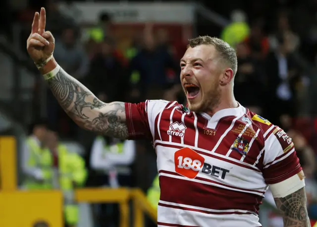 Wigan's Josh Chanley celebrates try