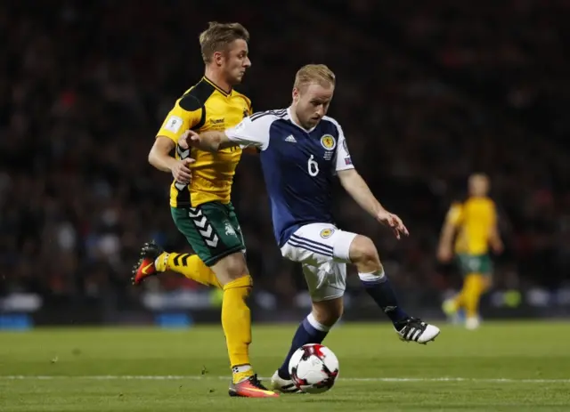 Scotland midfielder Barry Bannan challenges for the ball against Lithuania