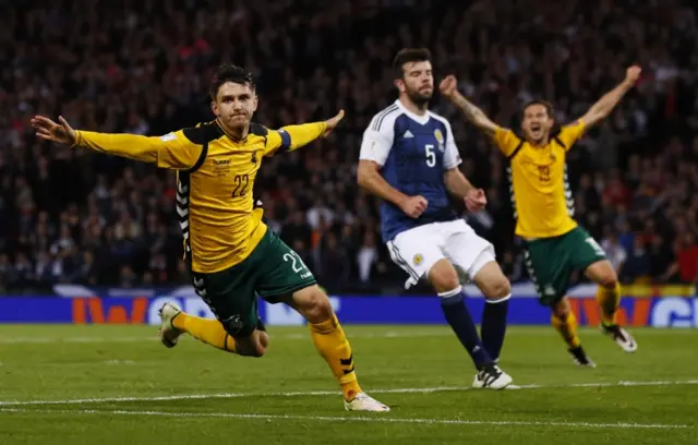 Fedor Cernych celebrates scoring for Lithuania