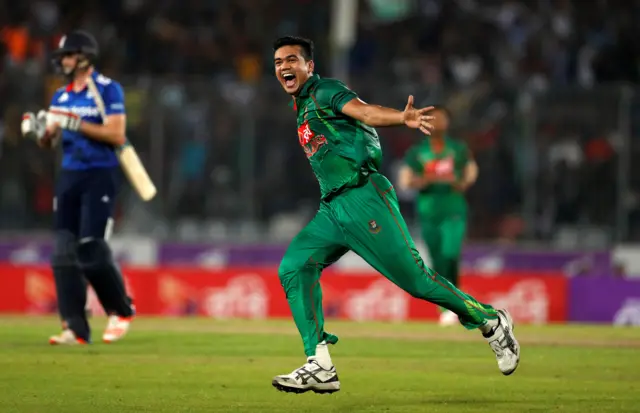 Taskin Ahmed celebrates