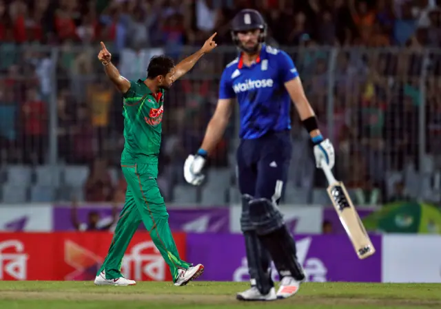 Mashrafe Mortaza celebrates after taking James Vince's wicket.